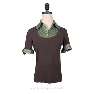 Vintage Sweater Collard Shirt Top S Brown Green Y2K Preppy Academia Office Work